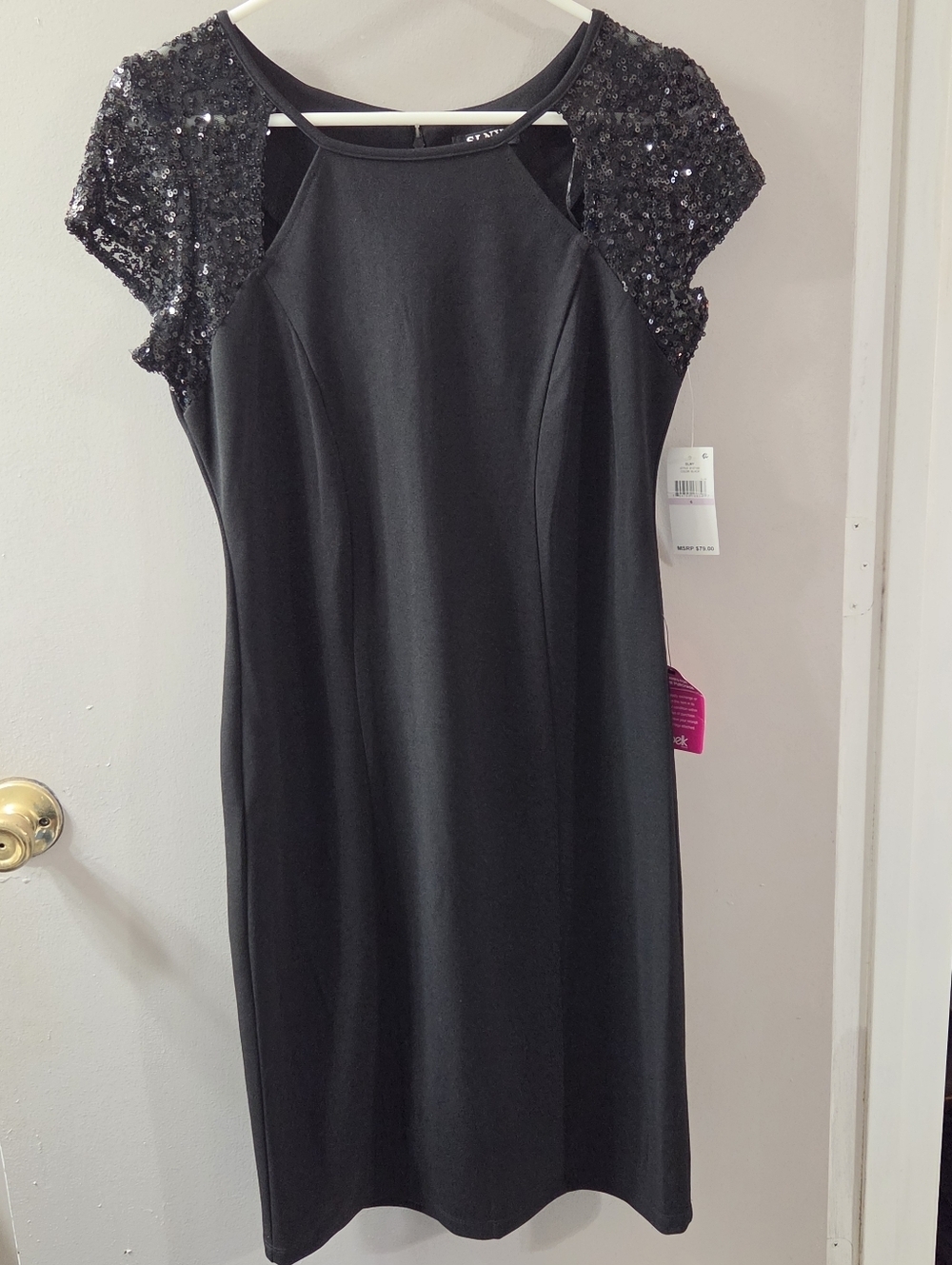 New Black Sequin Sleeve Cocktail Dress By SLNY. Sz 6